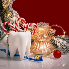 Dentist happy Merry Christmas and New Year tempalte with copy space against red beckground.
