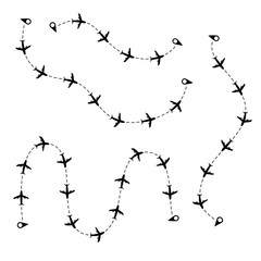 Flight navigation vector brush isolated on white. Monochrome dashed silhouette plan with airplane and destination symbol. Travelling or tourism symbol for map posters, flying history.