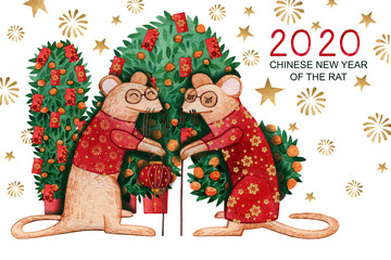 Watercolor Chinese New Year 2020 greeting card with a pair of rats. Hand-drawn grandfather and grandmother rats in red suits and with lanterns in their hands. Tangerine trees with red envelopes