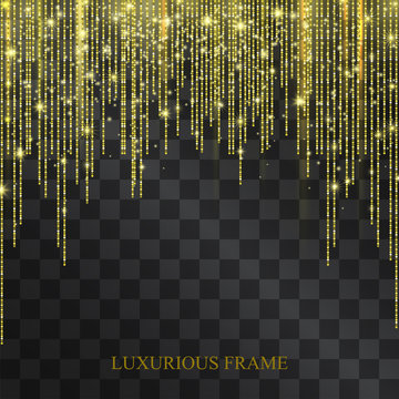 Luxurious neon golden glittering tinsel frame with shining confetti. Glowing lacy decorative garland for sumptuous design, expensive festive concept. Curtains arch for invitation posters, party flyer.