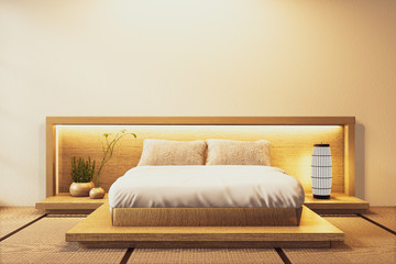 Bedroom japanese style and wall hiden light design with plants and lamp decoration on tatami mat floor.3D rednering