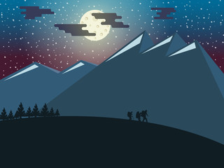 The illustration shows an expedition at night against a background of large mountains.