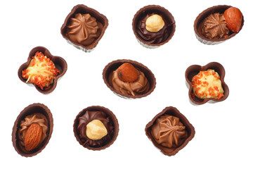 Chocolate pralines isolated on a white background. top view