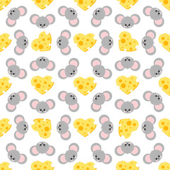 Cute mouse faces and cheese shape of heart colorful seamless pattern on white background.