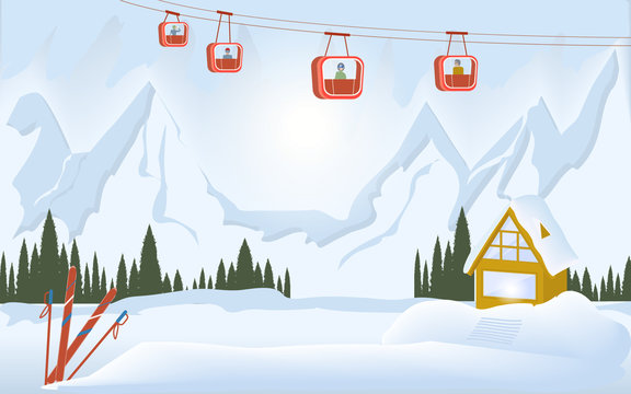 Mountain landscape, cable car with tourists in the cabin, country house, forest - vector. Christmas. New Year. Rest at nature. Winter tourism