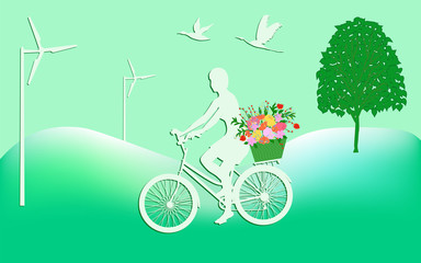 Environmental protection concept - girl on a bicycle, basket with flowers, birds, tree - vector. Ecology Green Energy.