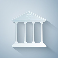 Obraz premium Paper cut Courthouse building icon isolated on grey background. Paper art style. Vector Illustration