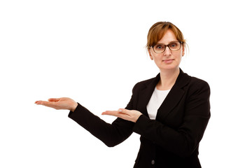 Woman pointing on white background