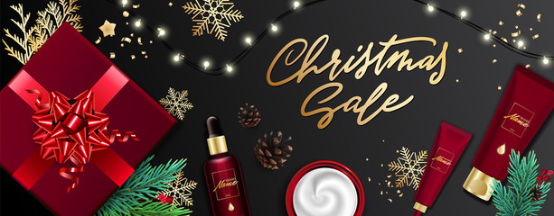 Design ad banner for cosmetic catalog. Christmas sale poster