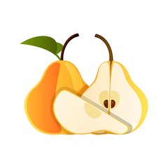 Pear. One and a half yellow pear fruit isolated on white background. Vector illustration