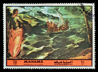 Cancelled postage stamp printed by Manama, that shows Painting with religious motives, circa 1972.
