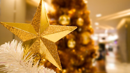 close up the star gold color. Christmas tree decorated and blurred background