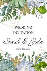 Wedding invitation with leaves eucalyptus and Succulent flowers, watercolor, isolated on white. Vector Watercolour.