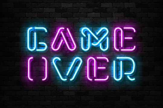 Vector realistic isolated neon sign of Game Over typography logo for template decoration and covering on the wall background. Concept of gaming.