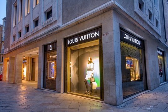 Venice, Italy - October 15, 2019: Louis Vuitton shop in the center of Venice, Italy. Louis Vuitton was the most powerful luxury brand in the world.