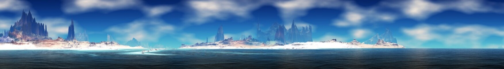 Alien Planet. Mountain and lake. Panorama. 3D rendering