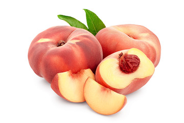 Ripe chinese flat peach fruit and half with leaf isolated on white background