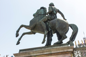 Statue of a horse rider in front of the Royal Palace (Palazzo Reale) in Turin (Torino), Piedmont...