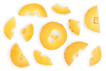 Fresh Pepino fruit slice isolated on white background. Top view, flat lay