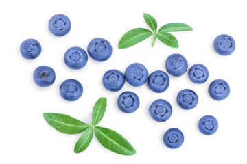 fresh ripe blueberry with leaves isolated on white background. Top view. Flat lay pattern