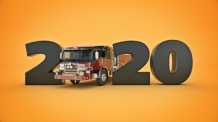 firetruck concept 2020 New Year sign. 3d rendering
