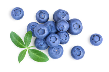 fresh ripe blueberry with leaves isolated on white background. Top view. Flat lay pattern
