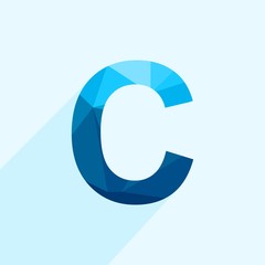 Blue vector polygon letter C with long shadow. Abstract low poly illustration of flat design.