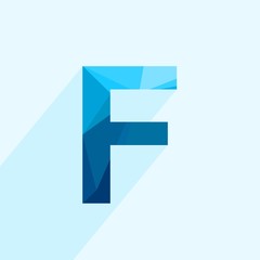 Blue vector polygon letter F with long shadow. Abstract low poly illustration of flat design.