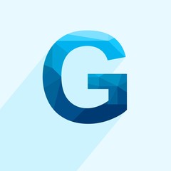Blue vector polygon letter G with long shadow. Abstract low poly illustration of flat design.