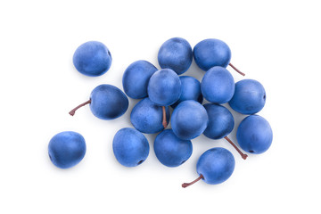 Blackthorn or Sloe berries isolated on white background. Prunus spinosa. Top view. Flat lay