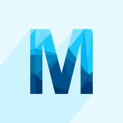 Blue vector polygon letter M with long shadow. Abstract low poly illustration of flat design.