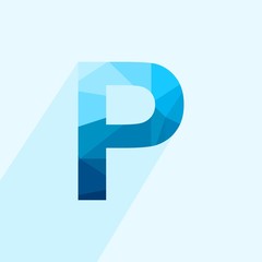 Blue vector polygon letter P with long shadow. Abstract low poly illustration of flat design.