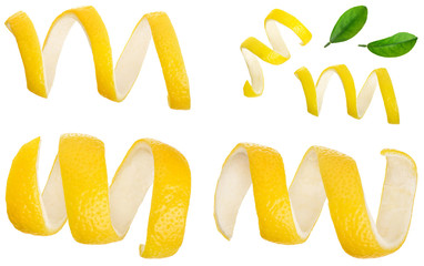 Set or collection lemon peel with leaf isolated on white background