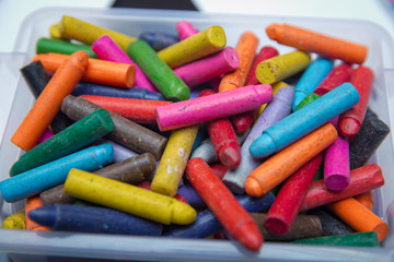 Crayons on the table. Montessori wood color gamut . crayon and paper photos on the table, colorful...