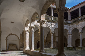 View at the interior cloister on the Cathedral of Viseu, romanesque style columns gallery, Portugal