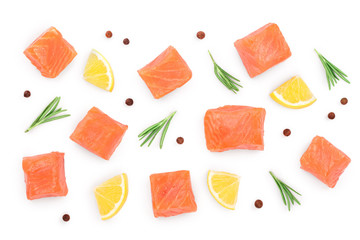 Slice of red fish salmon with rosemary and lemon isolated on white background. Top view. Flat lay