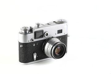Rare old rangefinder film camera on white background.
