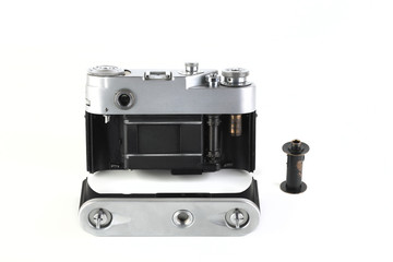 Rare old rangefinder film camera on white background.