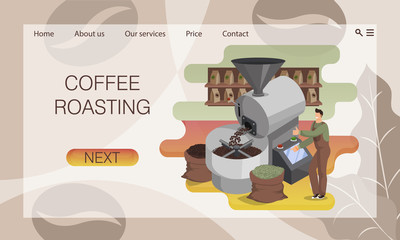 Process of roasting coffee beans in industrial roaster. Concept of website, landing page design template