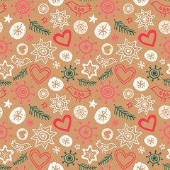 Seamless pattern with Christmas elements on a kraft paper. Vector illustration with birds, pine branches, stars, hearts and snowflakes.