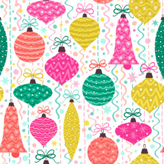 Seamless vector pattern with Christmas ornaments in  bright colors.