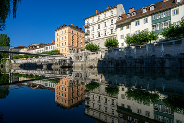 Obraz premium Reflection of a houses in city center of Ljubljana, Slovenia