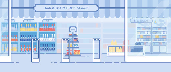 Duty-Free Shop Showcase in Airport Flat Vector