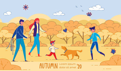 Fototapeta premium Family, Walking Over Their Labrador in Autumn Park
