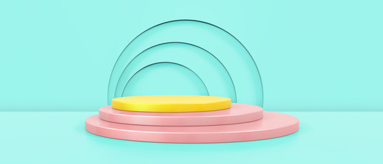 Wide mock up minimal scene with composition empty cylinder podium on floor for product and abstract background. Geometric shape in pastel colors. Minimal design empty space. 3d rendering