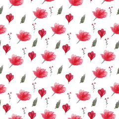 Pink and red watercolor flowers seamless pattern on white background for print or design.