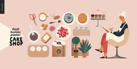 Cake shop, cakes on demand - small business graphics - baker taking order -modern flat vector concept illustrations -a seller filling in the demand form, a range of cakes and shop elements