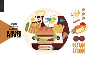 Burger house -small business graphics - menu icon and food -modern flat vector concept illustrations -web icon menu, set of fast food - eggs, meat, grill, burgers, potato, vegetables, french fries