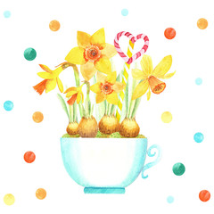 Yellow narcissus in a blue tea mug,  colorful confetti, heart.  Hand painted  floral watercolor stock illustration. Isolated elements on white background. Perfect for easter spring invitations  cards.