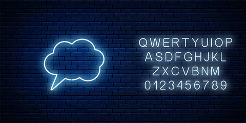 Glowing neon empty speech bubble frame with alphabet. Cloud blank speech bubble in neon style. Vector illustration.